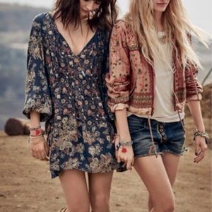 FREE PEOPLE LUCKY LOOSIE NAVY FLORAL TUNIC DRESS L